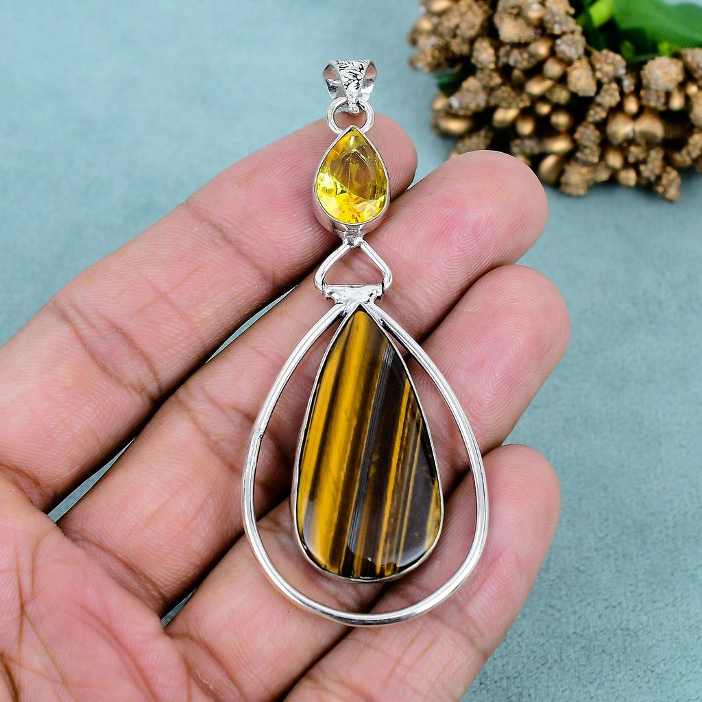 Tiger Eye & Citrine Gemstone 925 Sterling Silver Plated Teardrop Pendant Necklace for Women