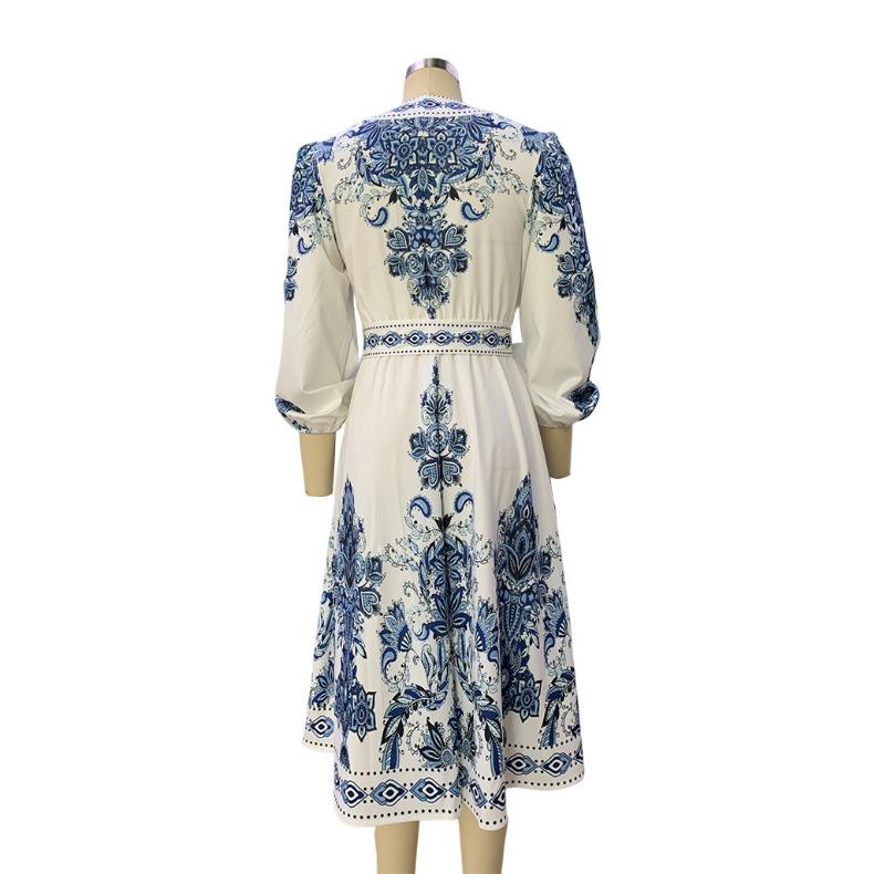 GMXIA Women's Fashion Spring Autumn Bohemia Print Long Sleeve V-Neck High Waist Casual Dresses