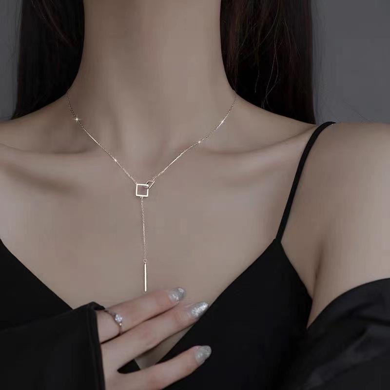 Trendy Geometric Square Tassel Long Necklace in Electroplated Sterling Silver
