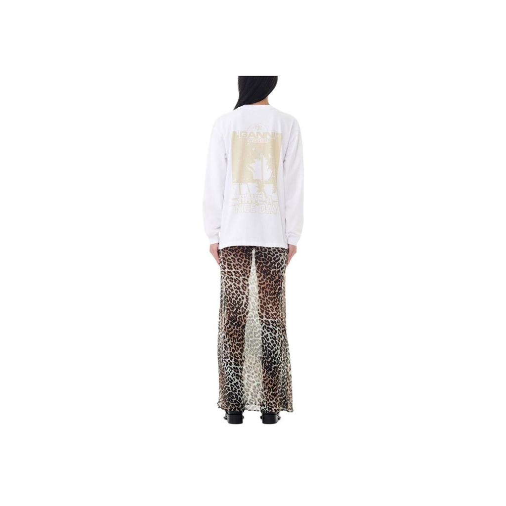 Ganni Logo Print Round Neck Long Sleeve Pullover T-Shirt Women Tops White T39383649151