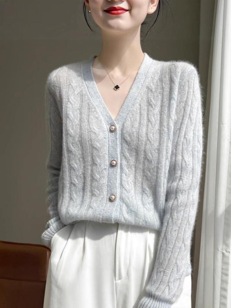 Women's V-Neck Mulberry Silk & Cashmere Knit Cardigan - Autumn/Winter Collection