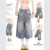 American Star-printed Washed Denim Cropped Pants Men's New Summer Casual Pants Wide-leg Shorts Women