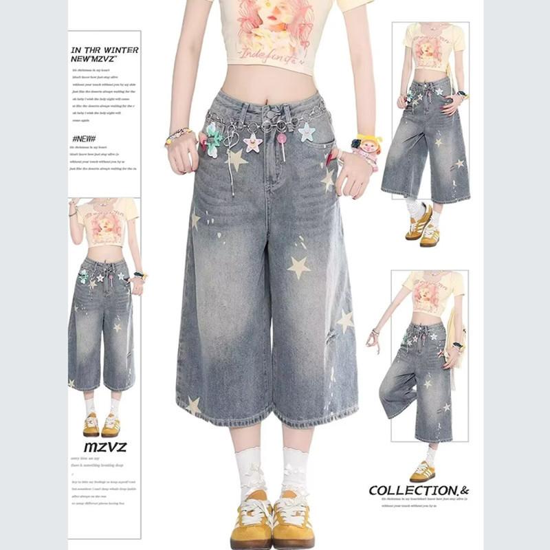 American Star-printed Washed Denim Cropped Pants Men's New Summer Casual Pants Wide-leg Shorts Women