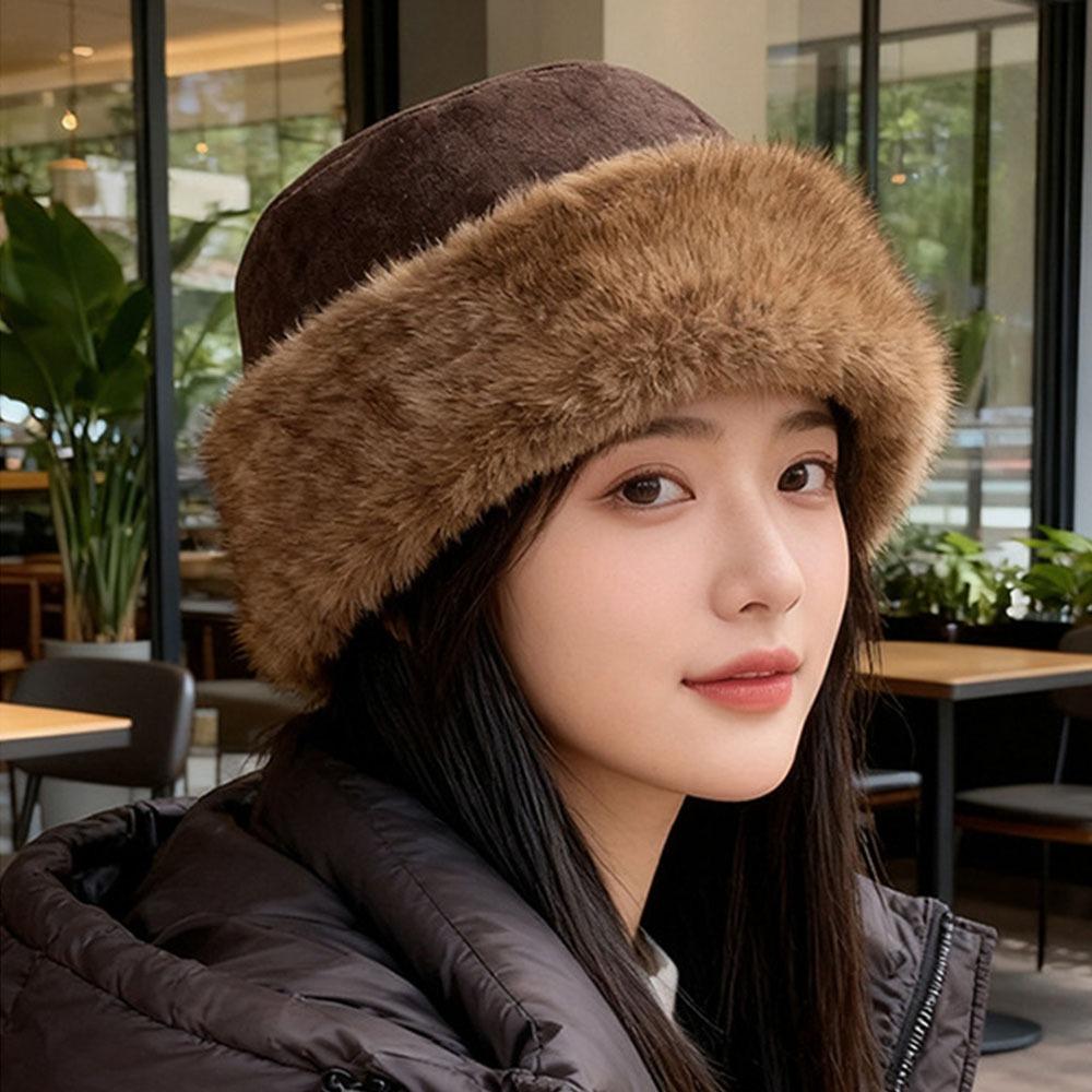 

Retro Warm Womens Bucket Hat Solid Color Fluffy Faux Mink Hats Coldproof Fisherman Hats Winter кавовий