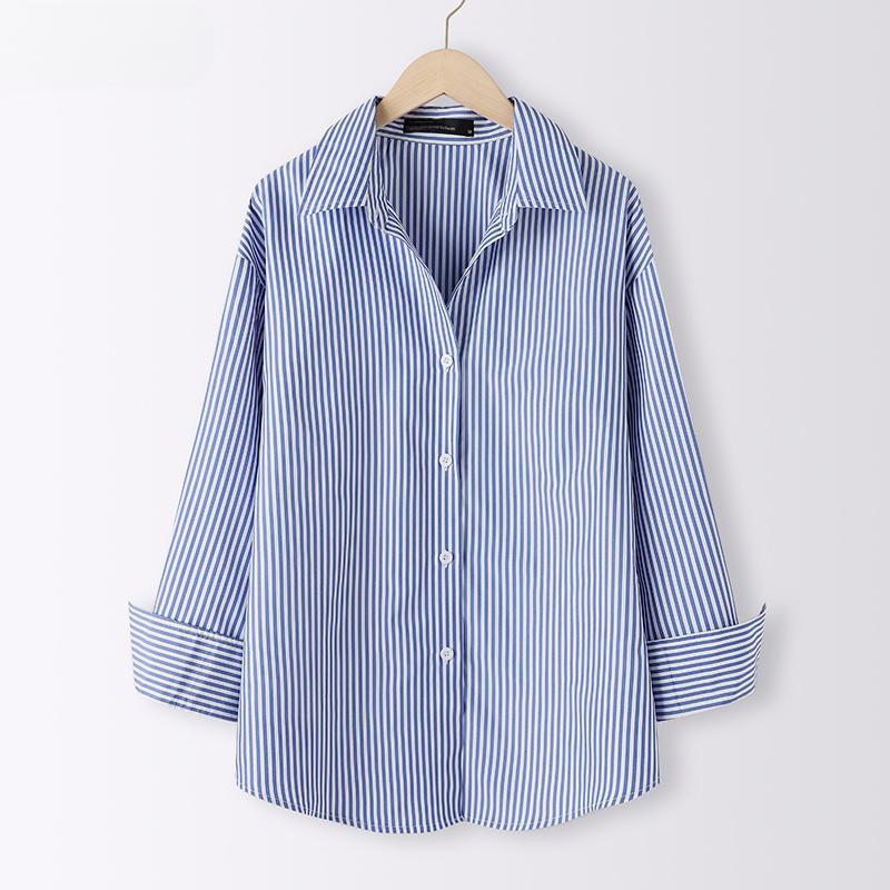 

Women Loose Casual Stripe Blouse Spring Autumn Retro Fashion Classic Shirt Long Sleeve Turn Down Collar Tops XL