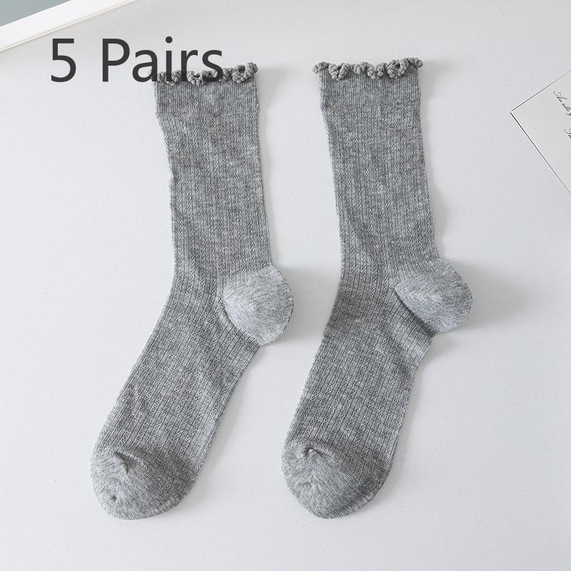 5 par sommer tynne dame sokker med treørekant, midt på leggen, pustende mesh, nuppefrie bomullssokker, stablede Lolita-sokker