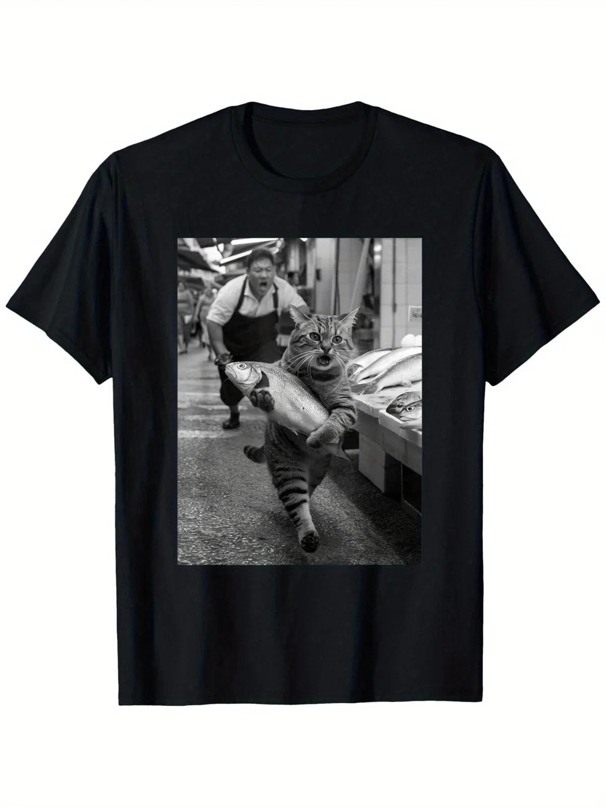 Funny Cat Steals Fish Market Black White Meme T-Shirt | Unisex | 100% Cotton Unisex T-Shirt L