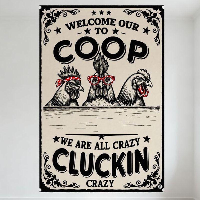 

Vintage Beige Welcome Our Coop Chicken Metal Tin Sign with Red Bandana Chickens, Crazy Cluckin Decor for Home Cafe Restaurant B 20x30cm（7.8x11.8inch）