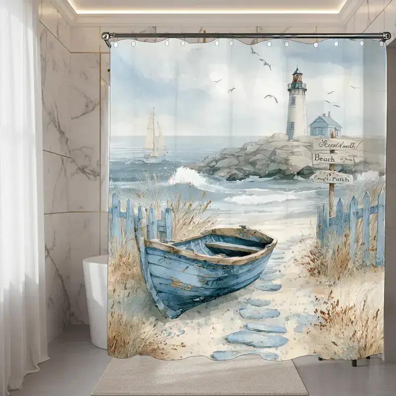 Watercolor Boat And Lighthouse Shower Curtain Beach Path Ocean View Waterproof Bath Decor Rustic Coastal Bathroom Curtains