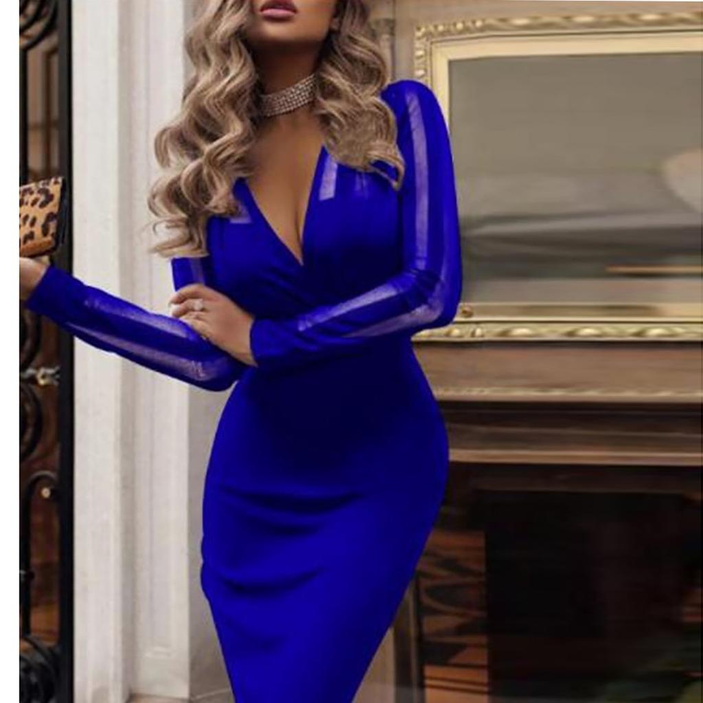 Damen-Kleid mit tiefem V-Ausschnitt, sexy, modisch, mit gefalteten Pailletten, hüftlang, langärmelig