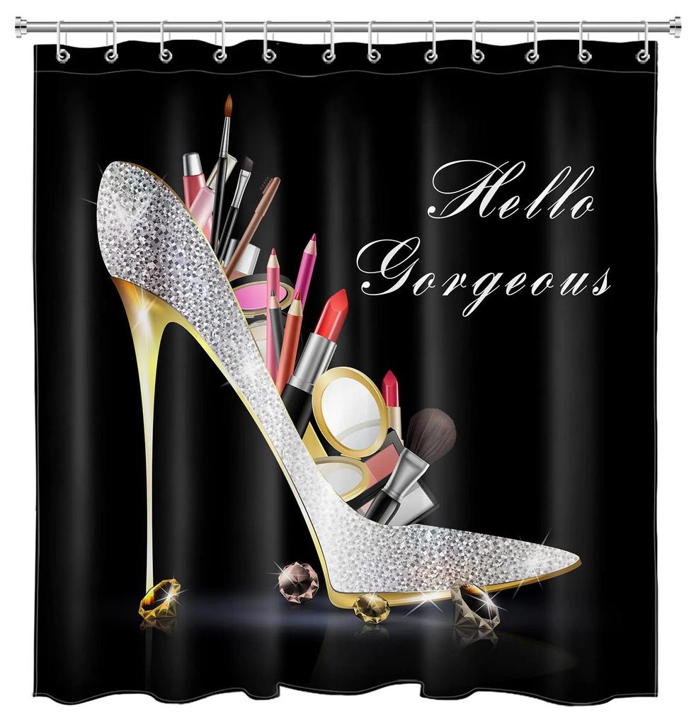 Diamonds Silver Gray High Heels Shoe Shower Curtain Modern Fashion Girl Black Bathroom Sets Waterproof Polyester Fabric