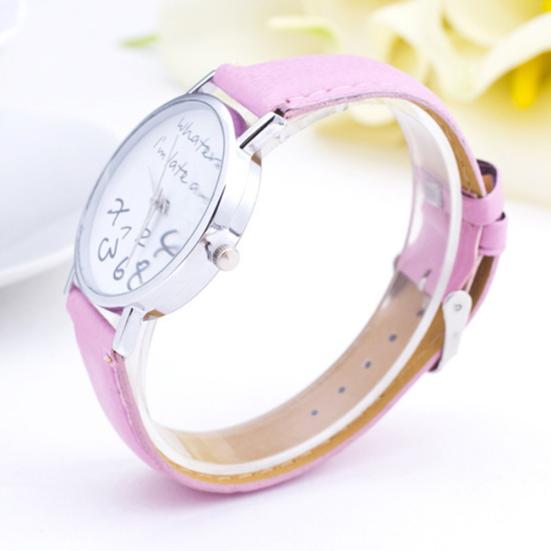 Damen Was Auch Immer Ich Bin Sowieso Zu Spät Buchstabe Rundes Zifferblatt Kunstlederarmband Quarz Uhr