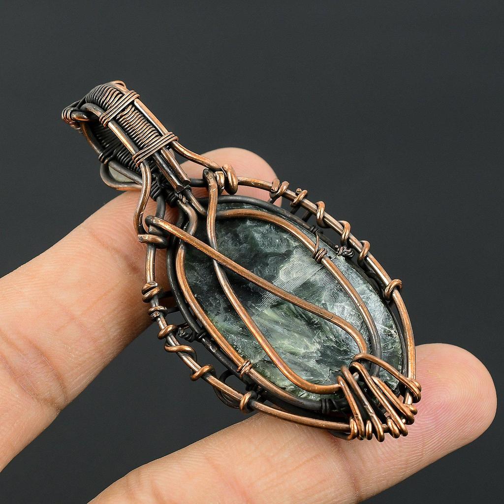 Seraphinite & Rainbow Moonstone Pendant, 999 Copper Wire Wrapped Gemstone Jewelry, Handmade Pendant, For Thanksgiving