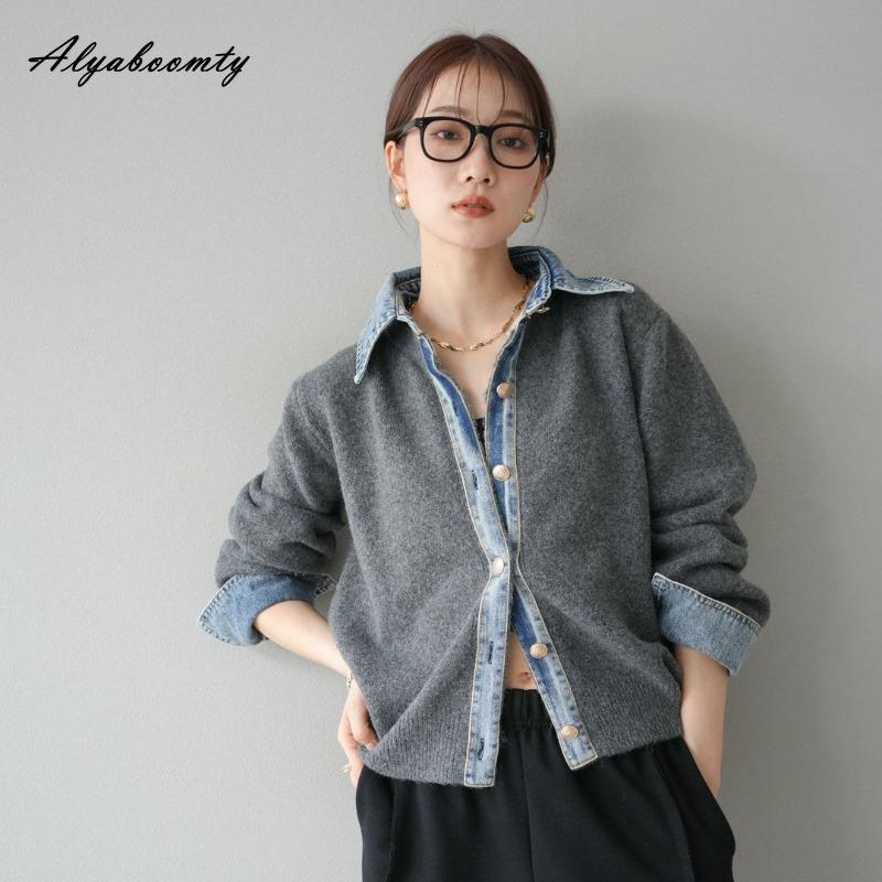 Korean Fashion Spring Autumn Women Jacket Turn-Down Collar Contrast Color Denim Knitting Patchwork Coat Office Lady Casual Loose Stylish Jacket