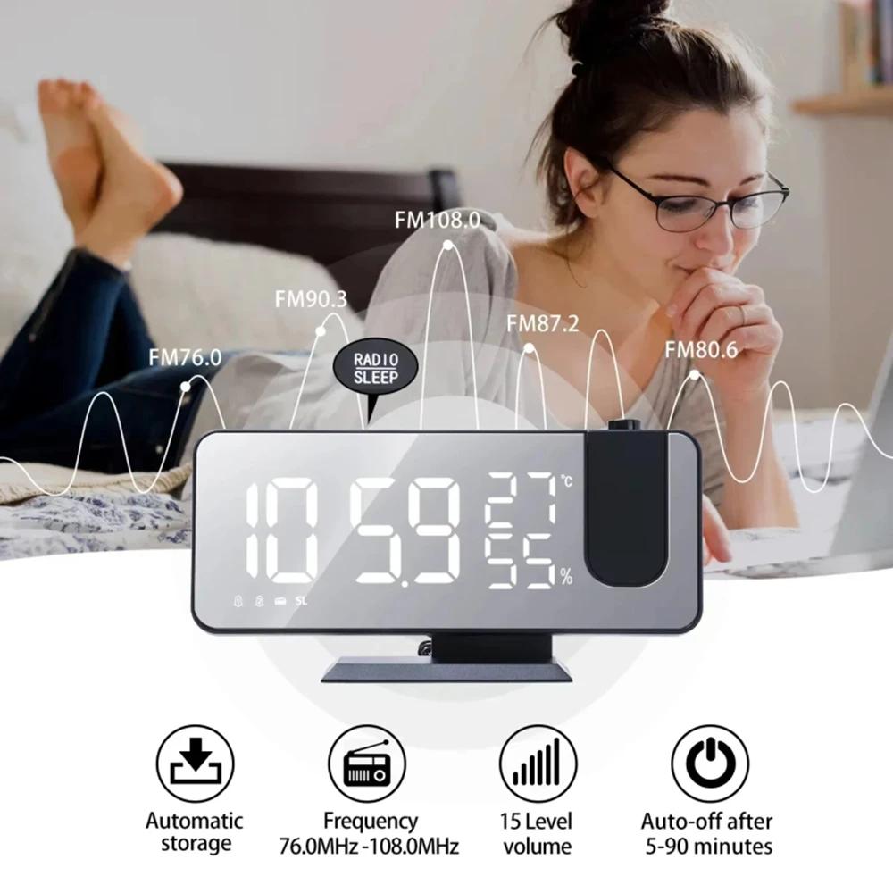 Radio LED Digital Smart Alarm Clock USB Powered Desktop Wake Up Clock with 180 Degree Time Projector Display for Home Bedroom