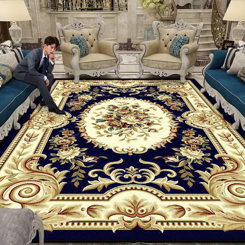 Luxury Large Living Room Rug Non-slip Flower Design Blue Sofa Table Mat Border Design Soft Lounge Rug Machine Washable Flannel