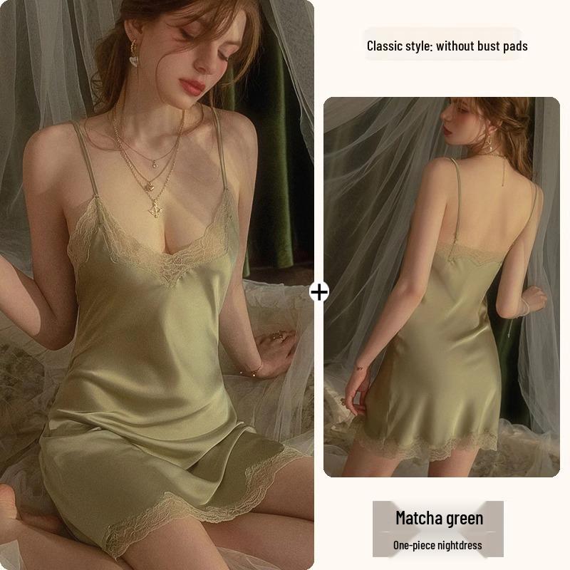 Camisón de Encaje de Seda de Hielo de Alta Gama Verano 2025 para Mujer - Estilo Puro Deseo con Almohadilla en el Pecho, Talla Grande Disponible