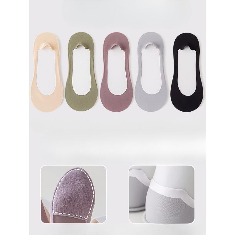 5 Pairs of Female Summer Thin Foot Protector Cotton Pad Non Slip with Ice Silk Shallow Mouth Invisible Socks