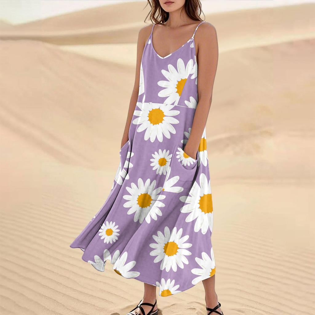 Women's Casual V Neck Floral Print Sleeveless Pocket Suspender Dress