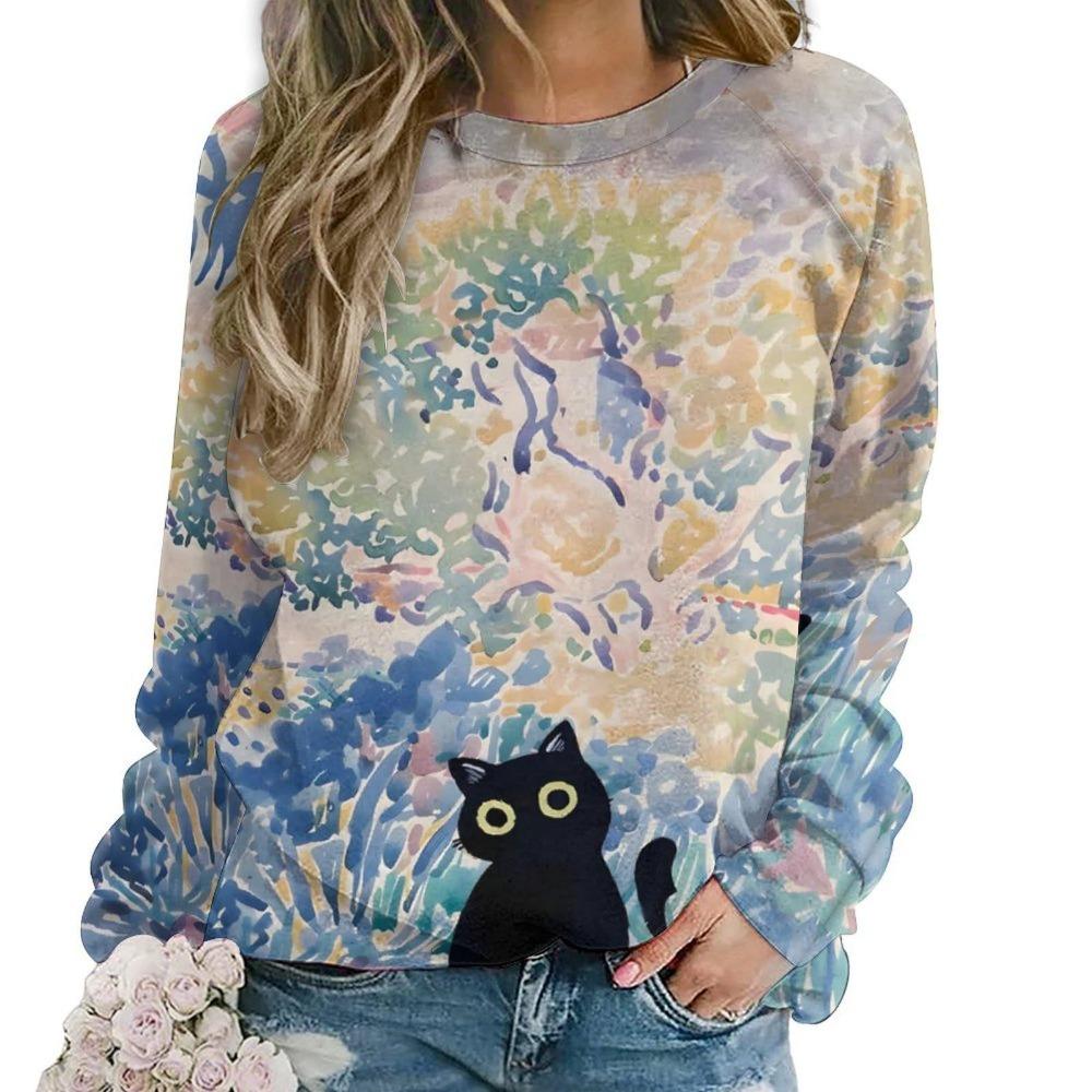 Cute Cat Floral Sweatshirts Flower 3D Print Women New O-Neck Hoodies Casual Streetwear Y2k Pullovers Harajuku Top Woman Clothing