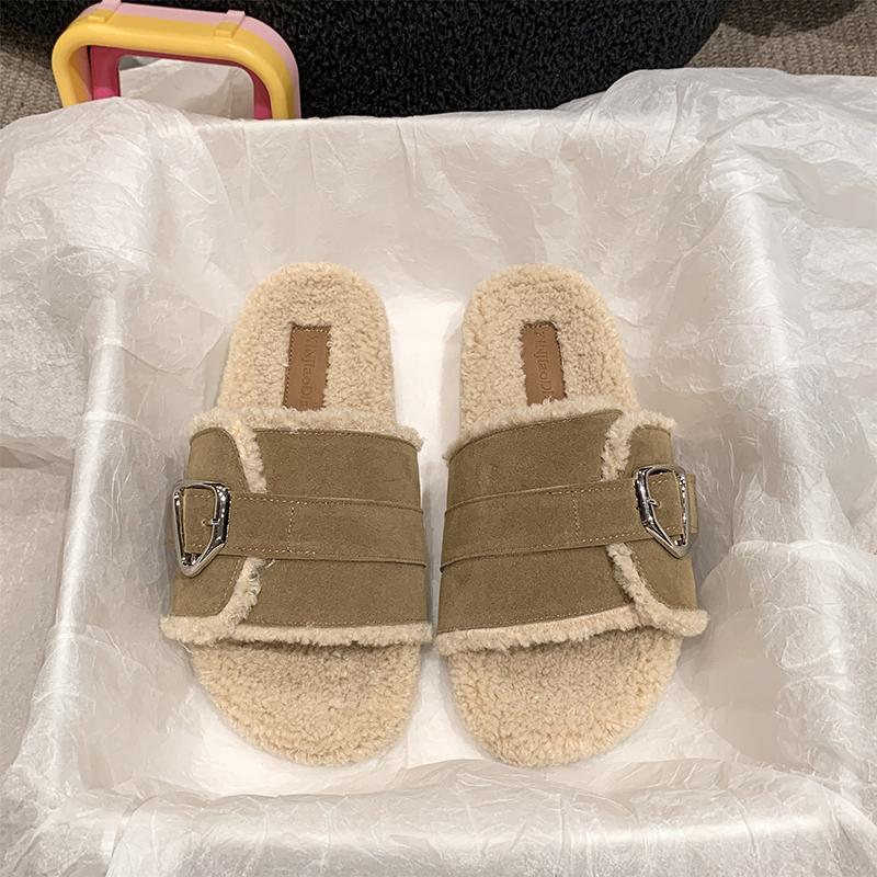 

Fashion Autumn and Winter One Word Buckle Thick Bottom Wear Casual and Fluffy Warm Rabbit Hair Fluffy Slippers Women 2024 New 40 серый