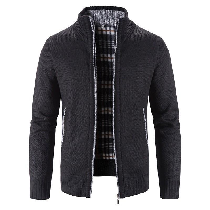 Mens Stand Collar Fleece Lined Solid Loose Knit Zip Up Long Sleeve Sweater Cardigan Coat
