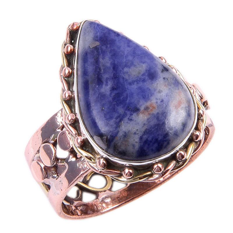 Natural Sodalite Gemstone Handmade 925 Sterling Silver Two Tone Ring S.10 Z1P32