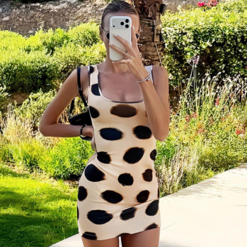 Summer New 2026 Women s Fashion Sexy Square Neck Sleeveless Printing Slim Skinny Hip Wrap Dress Women S