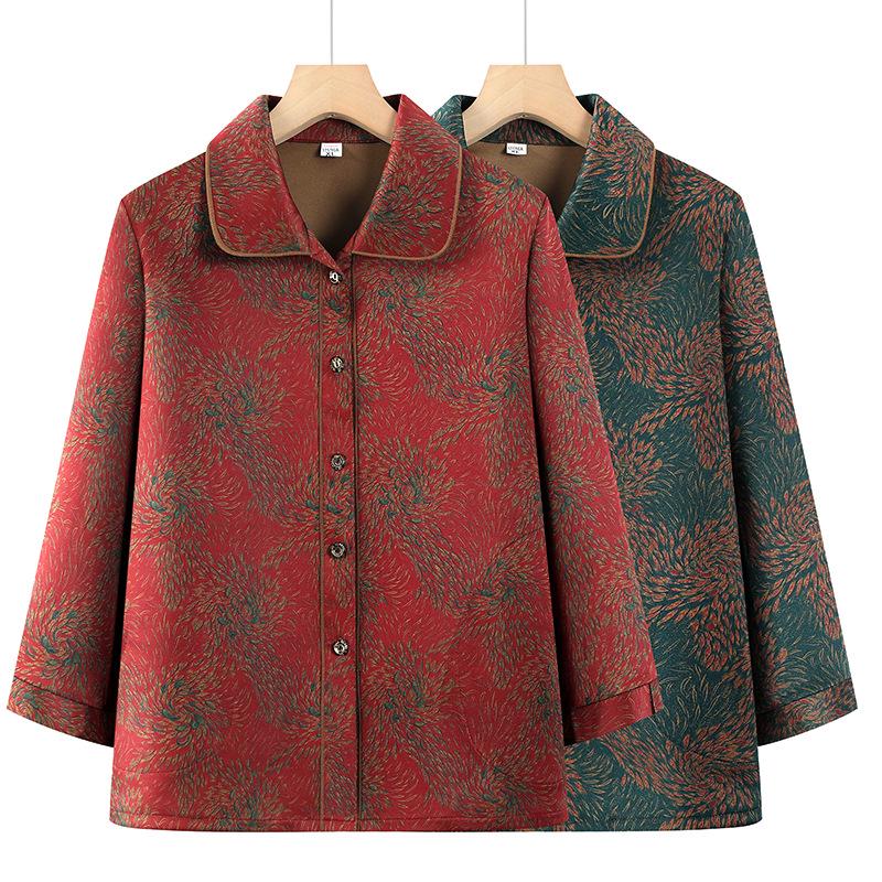 

Chiffon Summer Turn-Down Collar Shirt for Middle-Aged and Elderly Women XL (90-105 jin) красный