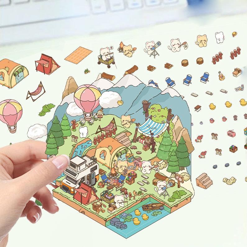 Cartoon Landscape Sticker Pink Candy House Miniature World 3D House Unzip DIY Scene Manual Post