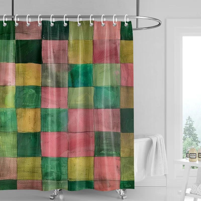 Sprchový závěs Color Block - Sytě zelený s vícebarevnými čtverci, Voděodolný s kroužky, Moderní koupelnová dekorace