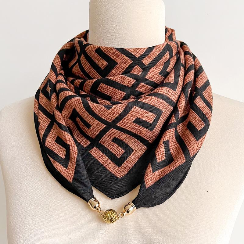 Silk cotton magnetic buckle silk scarf geometric and floral combination printing fashion personality spring autumn and winter versatile single item