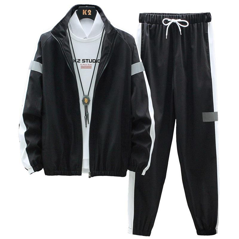 Men's Black Casual Korean Style Hooded Outerwear Set with Long Pants and Long Sleeves