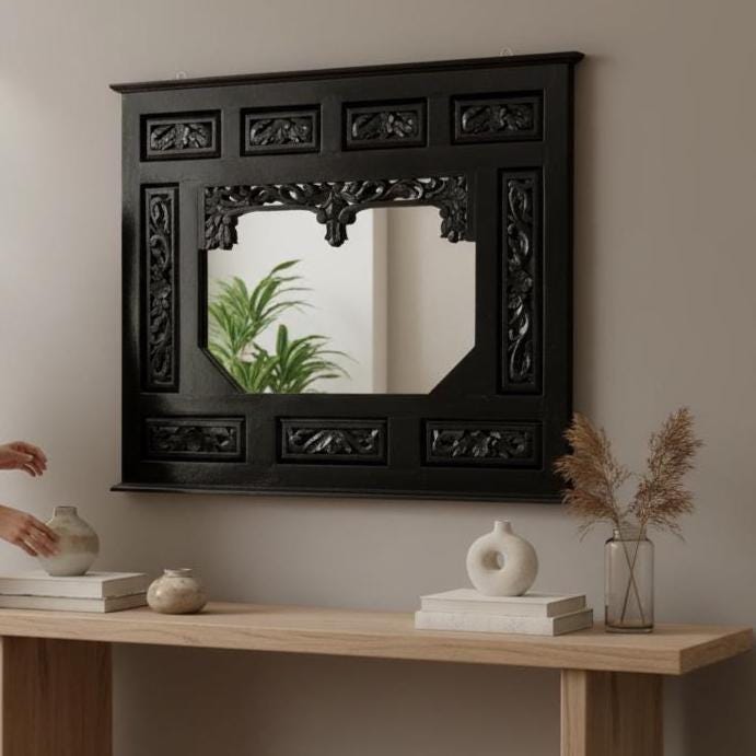 Hand-Carved Solid Wood Wall Mirror with Floral Motifs Black Finish Carved Style Decorative Frame With Glass Mirror110x5x90 cm | Mirror