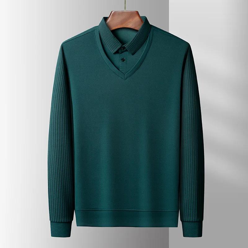 

New Men s Casual and Fashionable Long Sleeved Solid Color Fake Two-piece Polo Shirt Business All Season Versatile Top M темно-зеленого