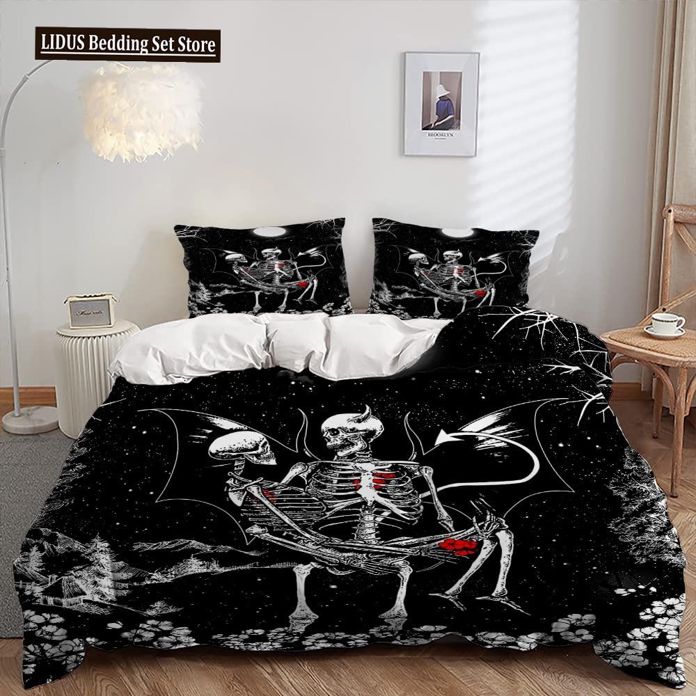 3D Skull Duvet Cover Set, Gothic Skull Bedding Sets,Skull Skeleton Comforter Cover Full Queen Size,Halloween Horror Quilt Cover