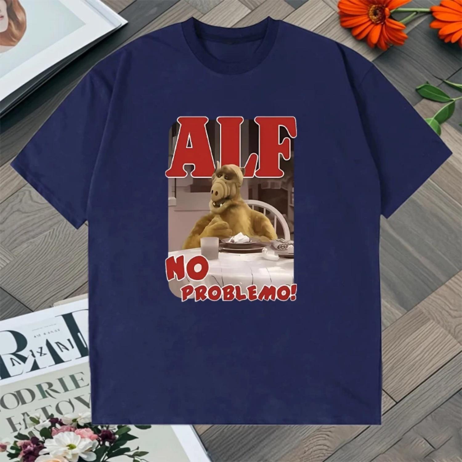 

2026 Popular Summer ALF NO PROBLEMO Graphic Printed T-shirt Men Women Short Sleeve Tee Shirt O-Neck Casual Loose Pure Cotton Top S разноцветный