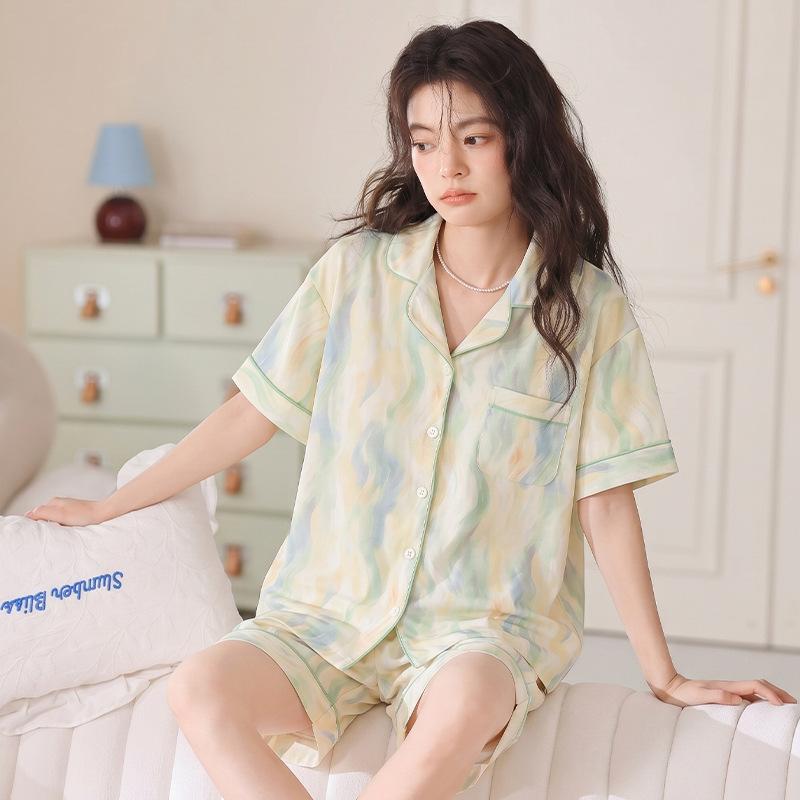 Women's short-sleeved pure cotton pajamas summer new cartoon cute loungewear can be worn outside women's striped shorts set