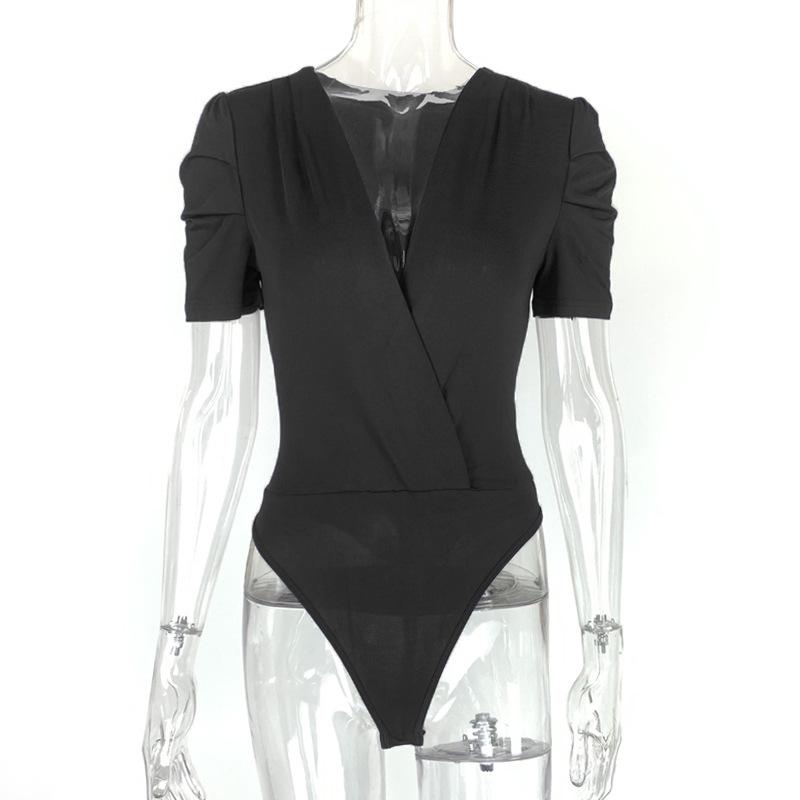 

Летний женский европейский и американский элегантный боди с глубоким V-образным вырезом и оборками Large чёрный