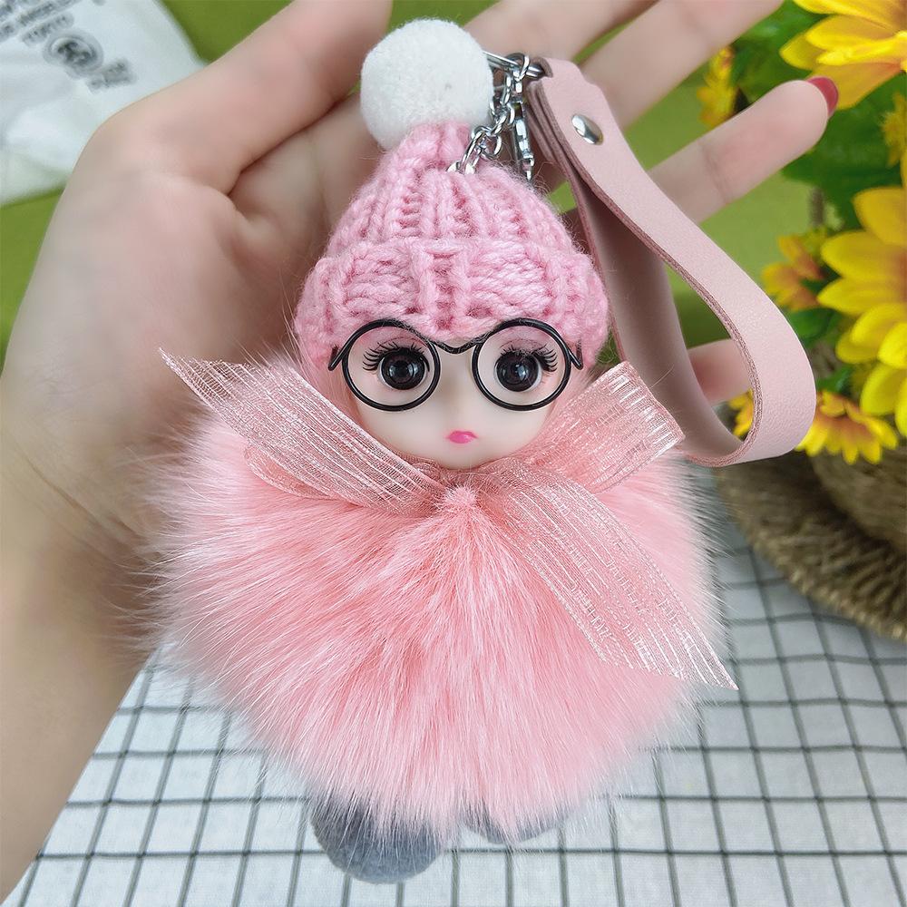 Pompom Sleeping Doll Keychain Cute Fluffy Plush Doll Keychains Women Girl Bags Keyrings Cars Key Ring Gift Charming Decoration