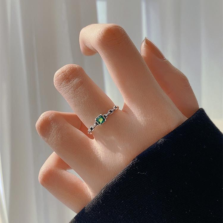 925 Silver-Plated Green Retro Adjustable Square Ring for Women