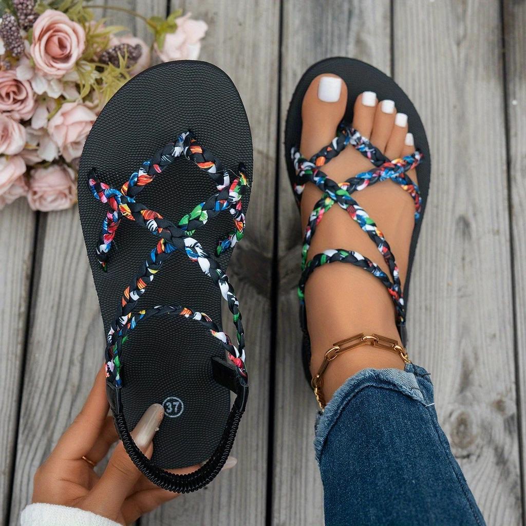 Fashion Floral Printing Flat Sandals for Women Summer 2025 Lightweight Slip On Beach Shoes Woman Braided Band Bohemian Sandalas Mujer