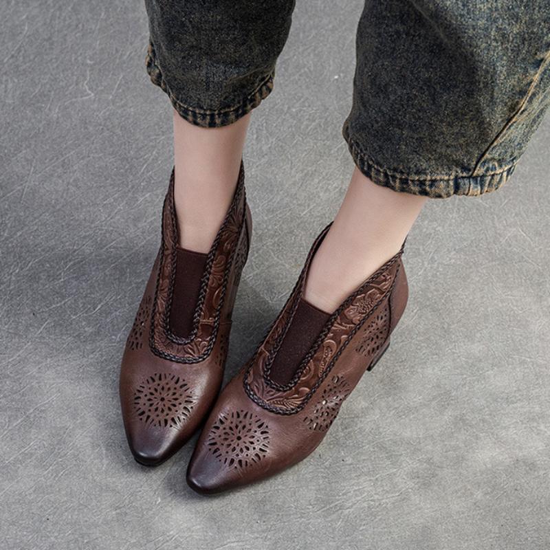 Johnature Sandals Genuine Leather Breathable Hollow-out Boots Retro Pointed High Heel Commuter Women's Shoes