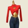 Export Fashion Cards Sexy Midriff-Baring Long Sleeve Knitwear Fashion Sexy Cut Out High Elastic Half Turtleneck Short Tops