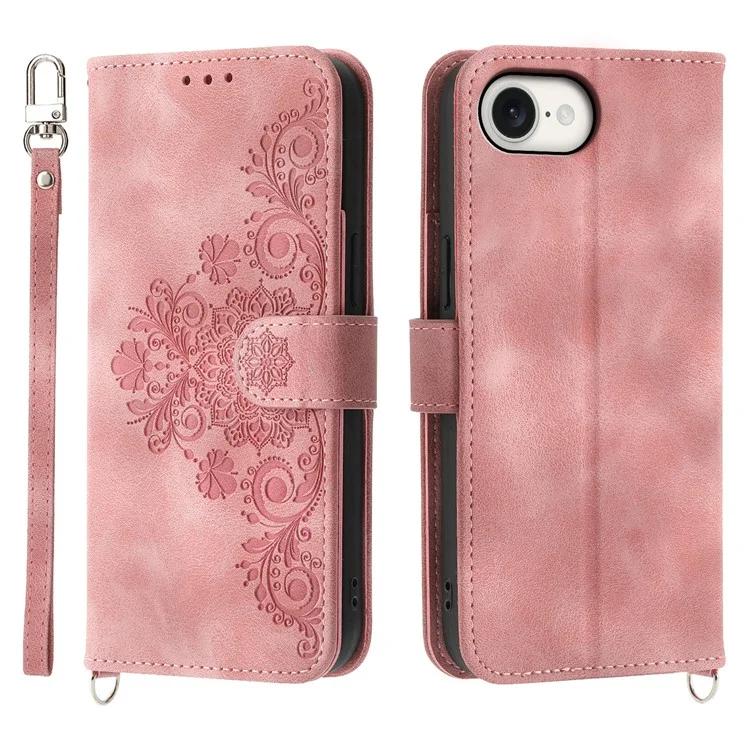 

For iPhone SE (2024) Leather Case Multiple Card Slots Phone Cover with 2 Straps - Pink