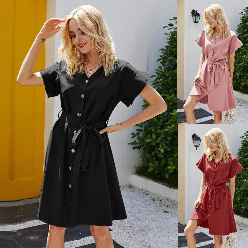 

Элегантное офисное женское ретро платье с высокой талией и v-образным вырезом на пуговицах и рукавами лотоса, летнее платье с поясом