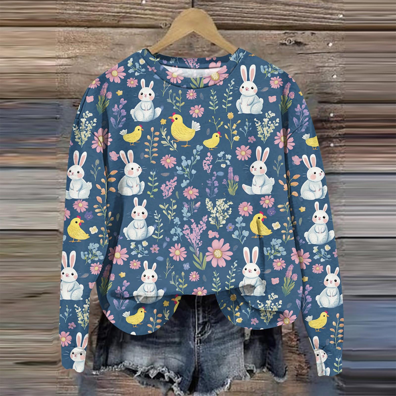 

Женская мода Пасха Печатный Длинный рукав Свободный круглый вырез Толстовка Топ Осень XXXXL тёмно-синий