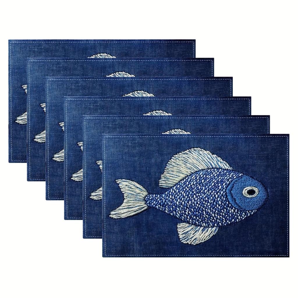 4/6pcs Set Modern Blue Background White Dot Fish Pattern Placemats Seasonal Daily Holiday Decor Suitable for Home Kitchen Dining Indoor Outdoor