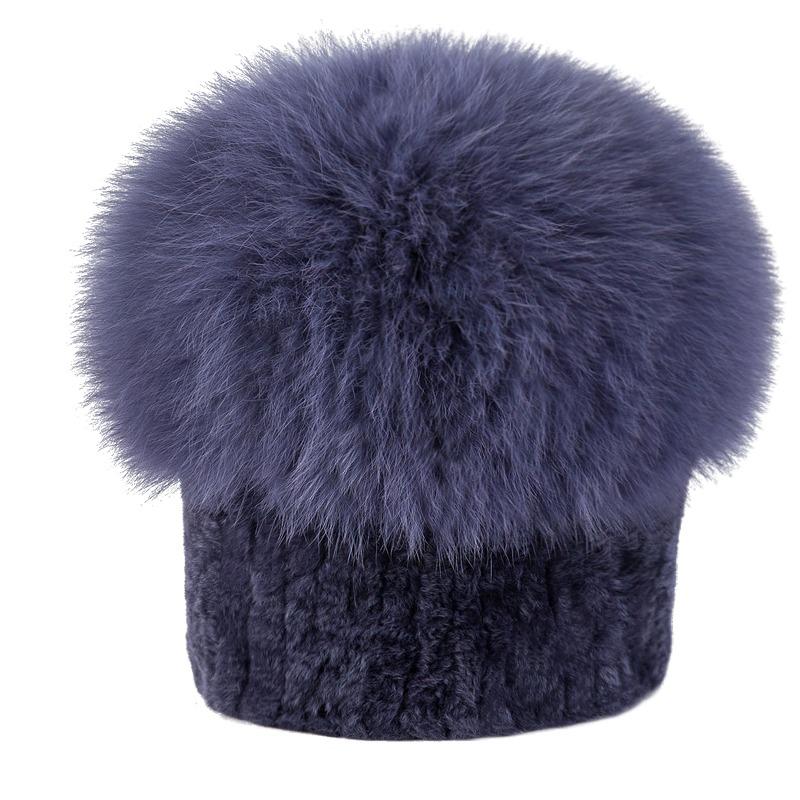 Women Winter Luxury Rabbit Fur Hat Knitted Rex Rabbit Fur Hat Top  Fox Fur Cap Genuine Fox Fur Beanies Hat