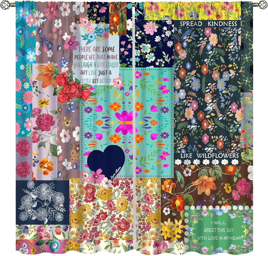 Bohemian Boho Floral Curtains Vintage Abstract Oil Painting Colourful Art Medieval Hippy Plant Flower Window Treatments Drapes Made Of Polyester